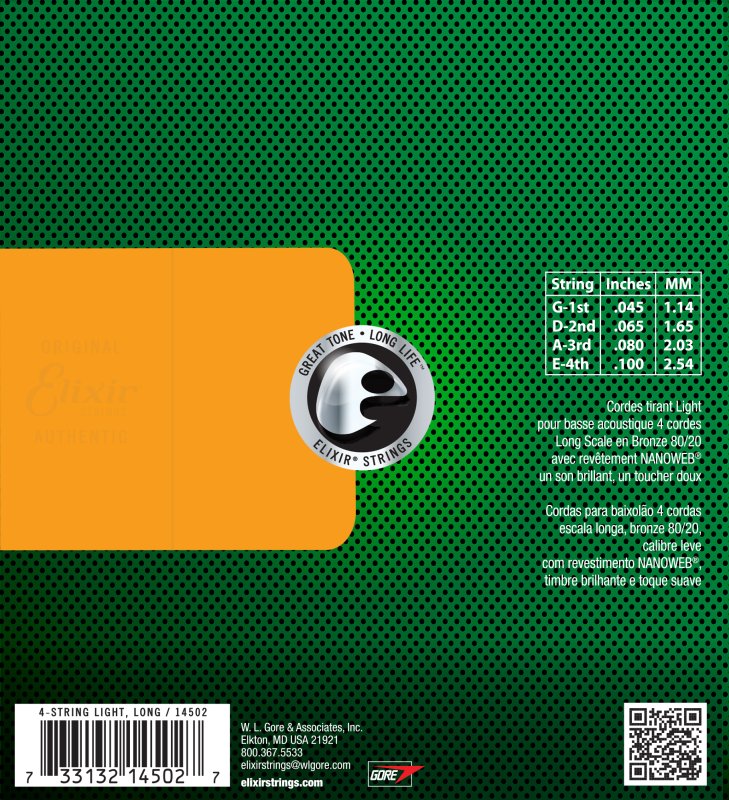 ELIXIR - 4-String Acoustic Light / Long Scale Acoustic Bass 80/20 Bronze With Nanoweb Coating (.045-.100) - 14502