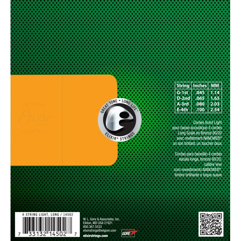 ELIXIR - 4-String Acoustic Light / Long Scale Acoustic Bass 80/20 Bronze With Nanoweb Coating (.045-.100) - 14502