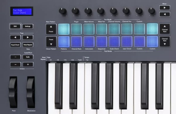 Novation - 61-Key MIDI Controller Keyboard with 16 RGB-backlit Pads, 8 Knobs, 9 Faders, and Pitch Bend - FLKEY-61