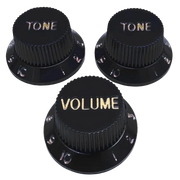 AxLabs - Strat-Style Knob Kit (3) 2x Tone 1x Volume - Black with gold lettering.