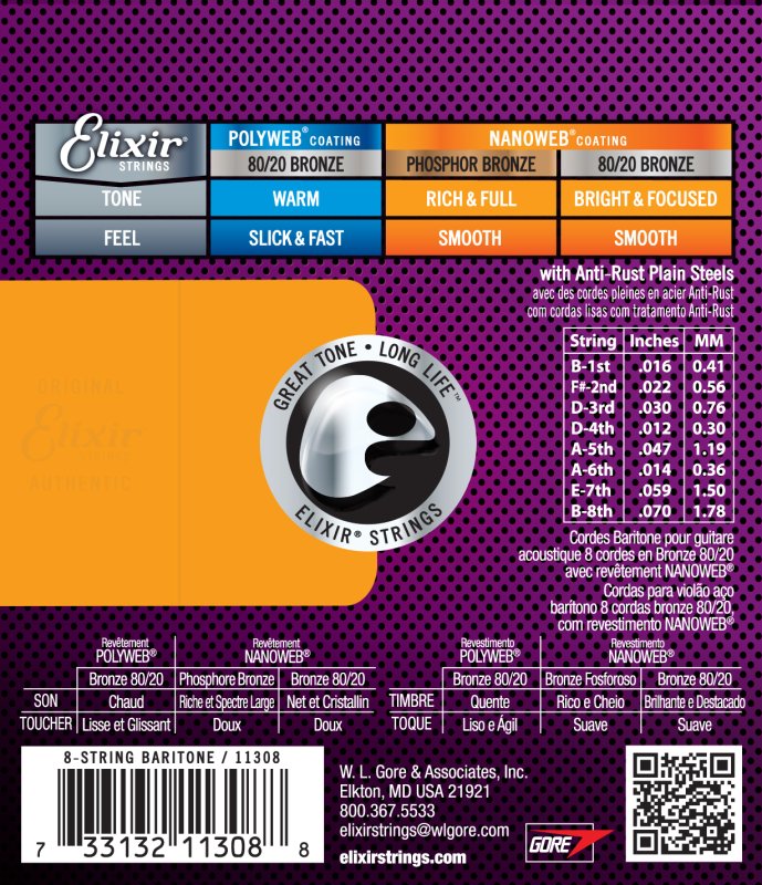 ELIXIR - 8-String Baritone Acoustic 80/20 Bronze With Nanoweb Coating 016 - .070 - 11308