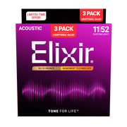 Elixir - 3-Pack 80/20 Bronze Acoustic Guitar Strings with NANOWEB Technology - 11/52 - ACC16564 3PK 8020 Custom Light