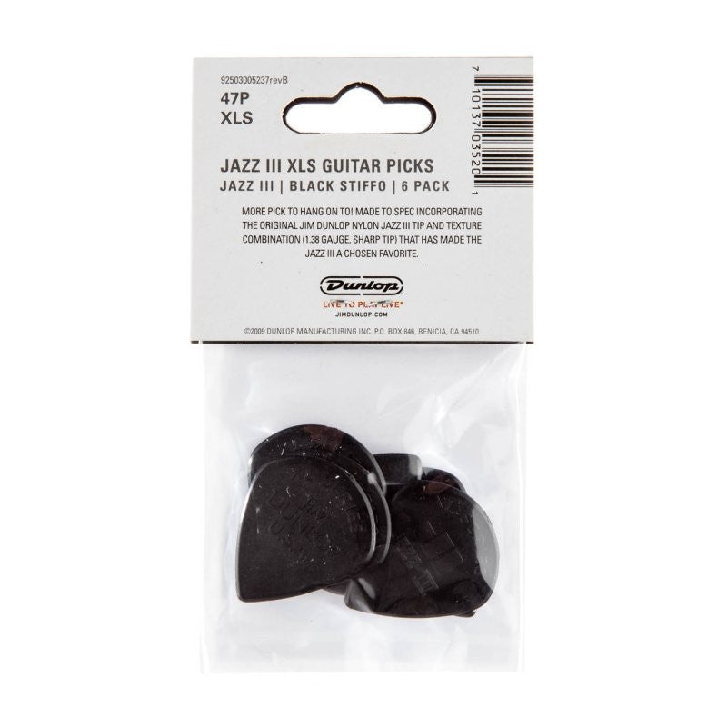 Dunlop - Black Stiffo Nylon Jazz III XL Guitar Pick (6/pack) - 47PXL-S