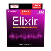 Elixir - 3-Pack Phosphor Bronze Acoustic Guitar Strings with NANOWEB Technology  11-52 - ACC16568 3PK PH Custom Light