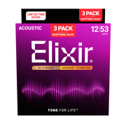 Elixir - 3-Pack 80/20 Bronze Acoustic Guitar Strings with NANOWEB Technology  - 12/53 - ACC16565 3PK 8020 Light