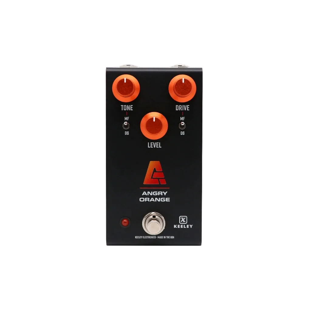 Guitar effects pedal with 'Angry Orange' branding on a white background