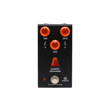 Guitar effects pedal with 'Angry Orange' branding on a white background