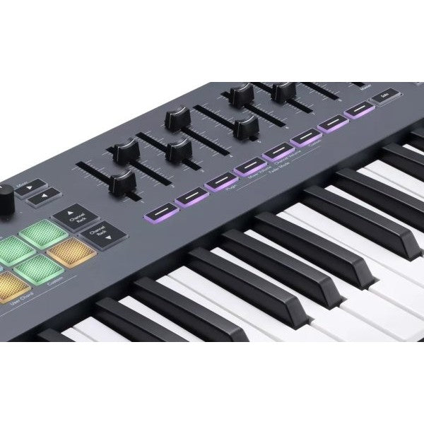 Novation - 61-Key MIDI Controller Keyboard with 16 RGB-backlit Pads, 8 Knobs, 9 Faders, and Pitch Bend - FLKEY-61 