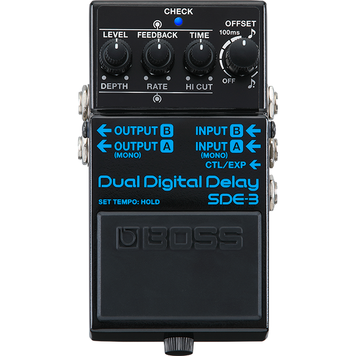 Boss SDE-3 Dual Digital Delay pedal, featuring knobs for level, feedback, rate, and depth, and switches for input and output. The pedal is labeled with 'DELAY' and 'DUAL DIGITAL DELAY SDE-3'.